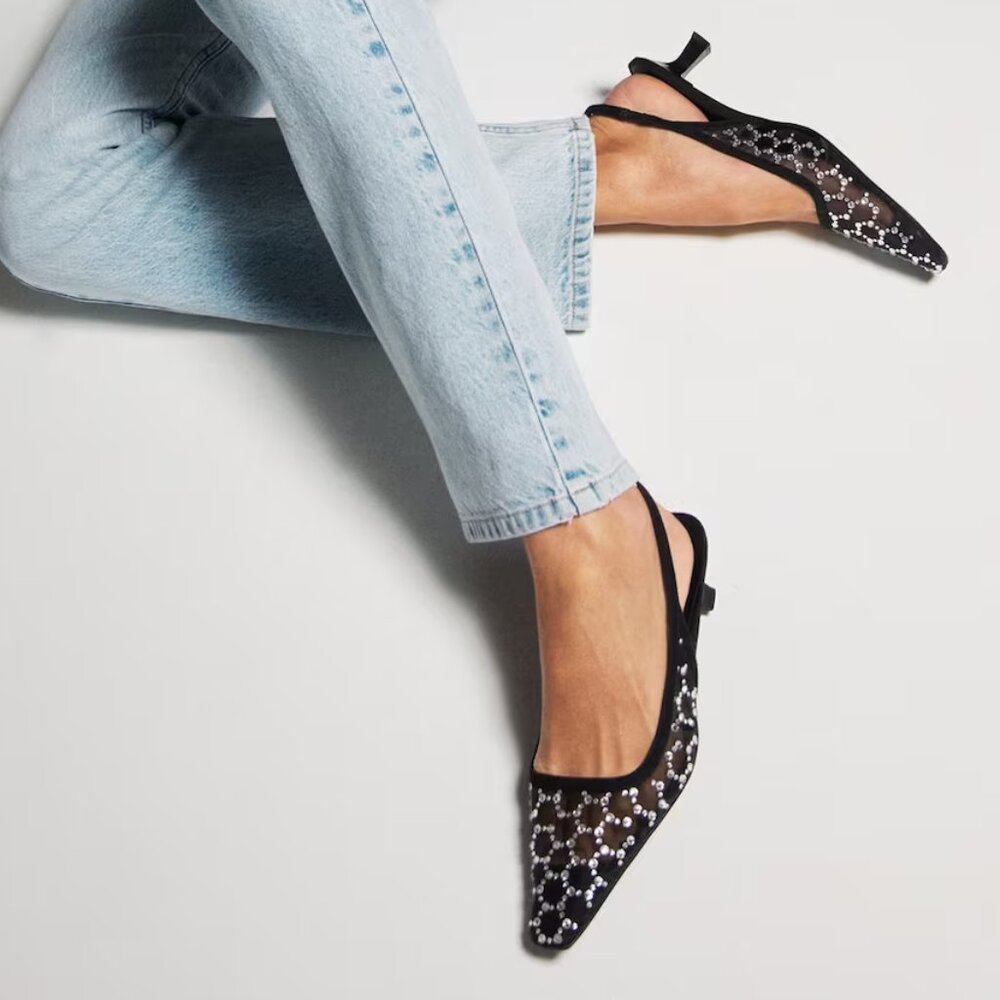 Mango Sling back Glitter Rhinestones Crystals High-heeled Kitten Shoes Pumps